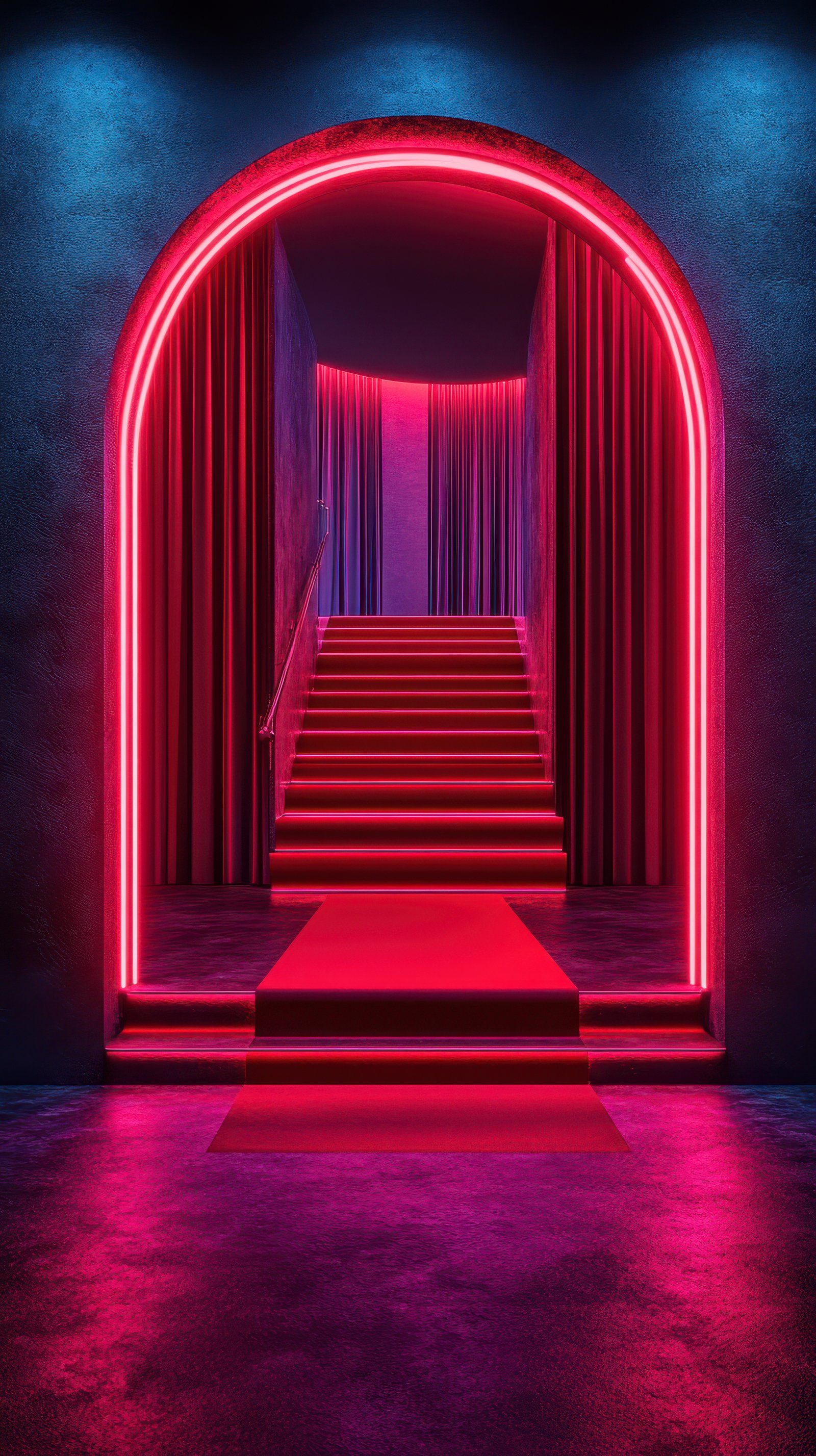 Bright neon staircase leading to an elegant space decorated with luxurious red curtains and modern lighting